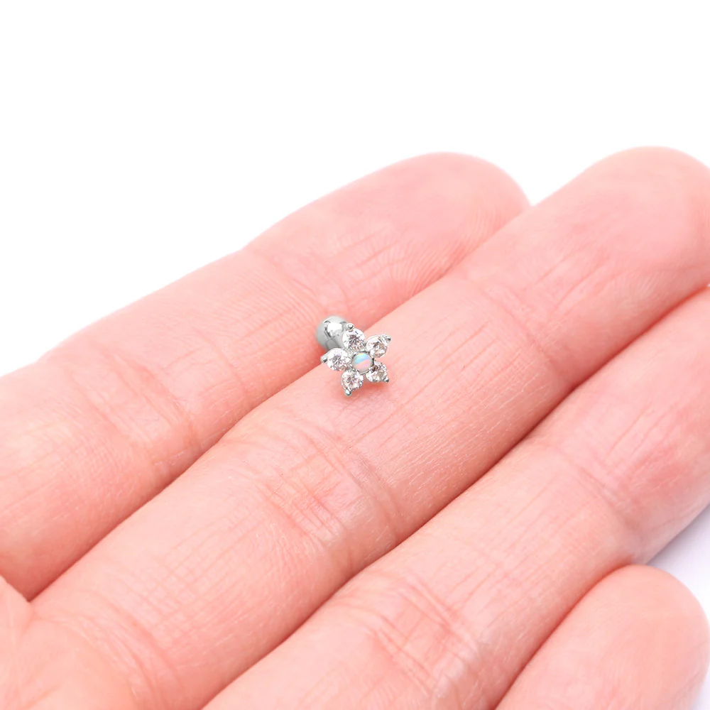 14 Karat White Gold Fire Opal Sparkle Gems Flower Cartilage Tragus Barbell - Image 3