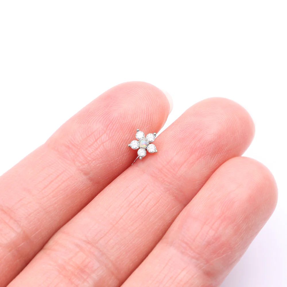 14 Karat White Gold Fire Opal Sparkle Gems Flower Cartilage Tragus Barbell - Image 4