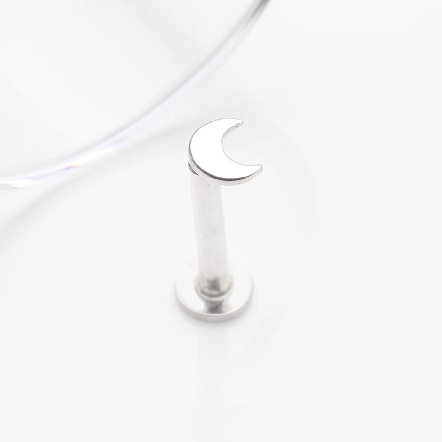 14 Karat White Gold OneFit Threadless Flat Crescent Moon Top Flat Back Stud Labret - Image 2