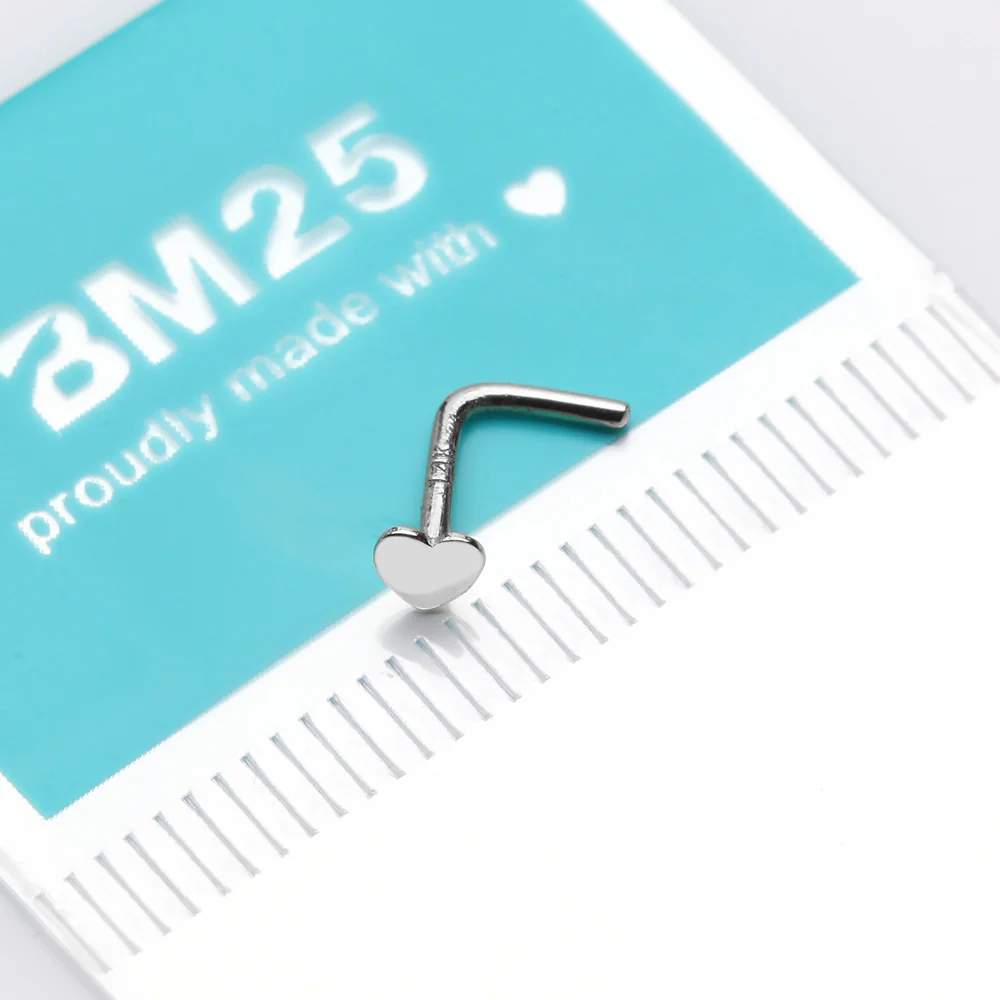 14 Karat White Gold Flat Heart Top L-Shaped Nose Ring - Image 3