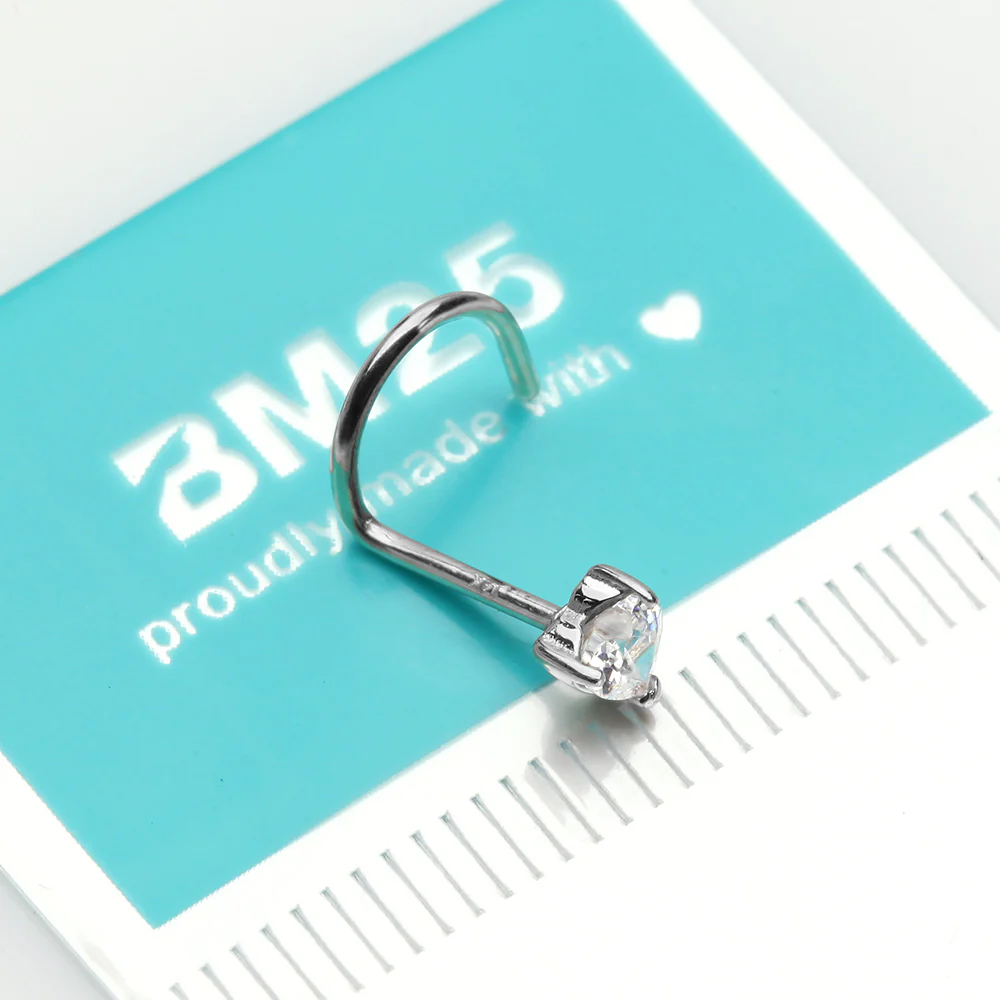 14 Karat White Gold Heart Prong Set Gem Sparkle Nose Screw Ring - Image 3