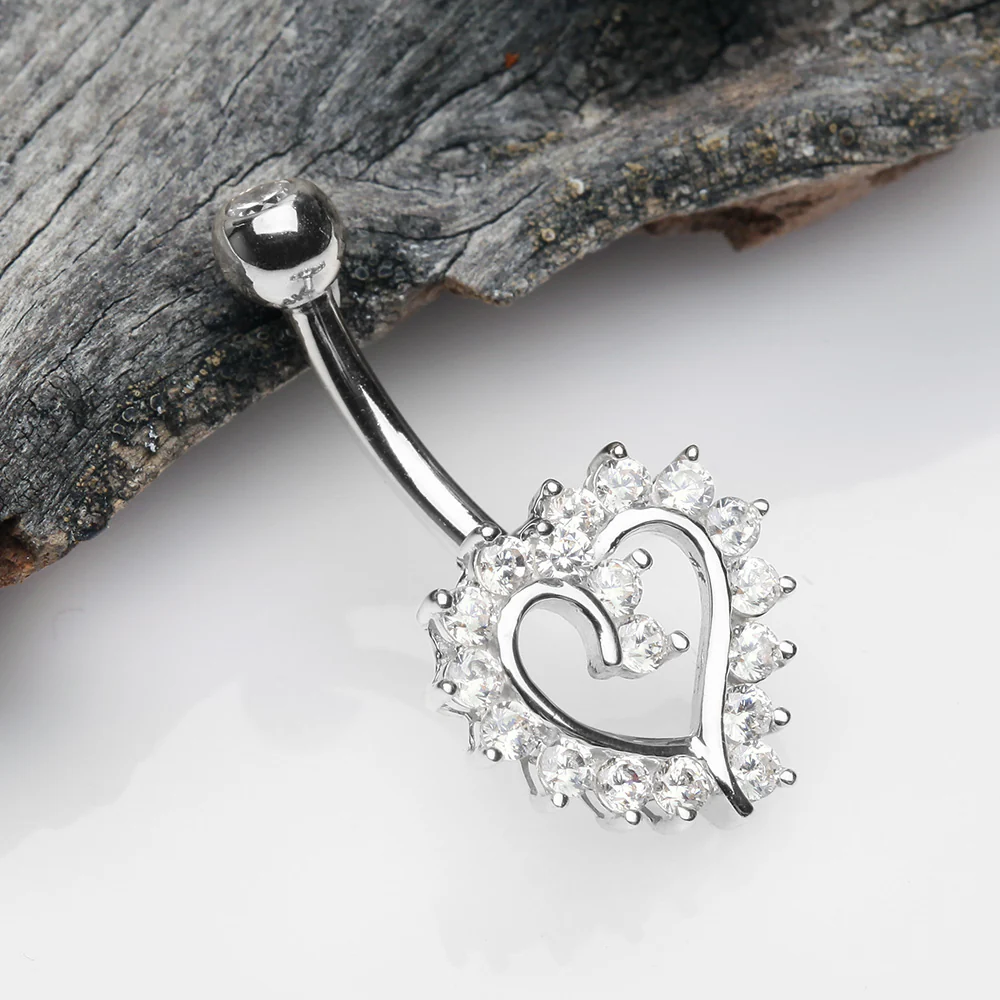 14 Karat White Gold Hollow Heart Floret Sparkle Belly Button Ring - Image 3