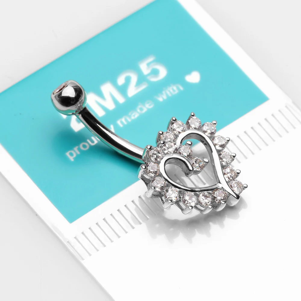 14 Karat White Gold Hollow Heart Floret Sparkle Belly Button Ring - Image 4