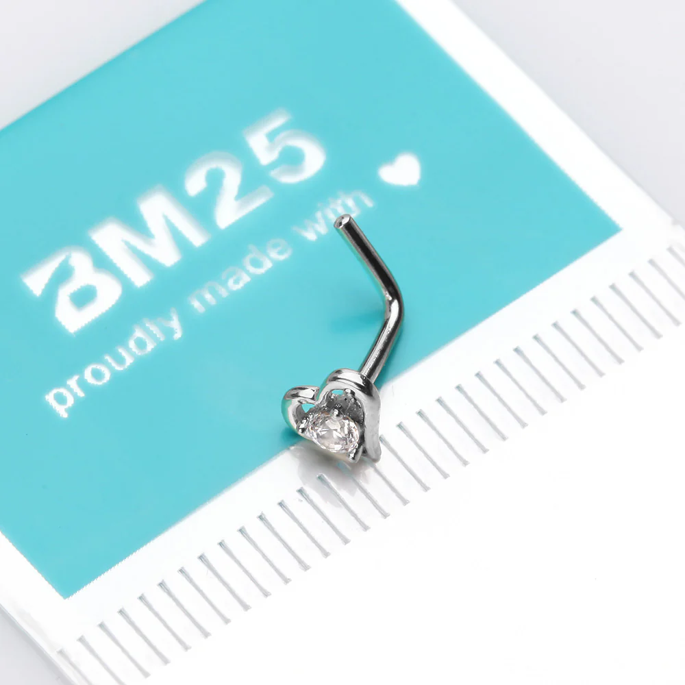14 Karat White Gold Hollow Heart Sparkle L-Shaped Nose Ring - Image 3