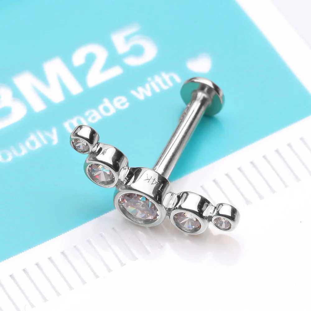 14 Karat White Gold OneFit Threadless Journey Bubble Sparkle Flat Back Stud Labret - Image 3