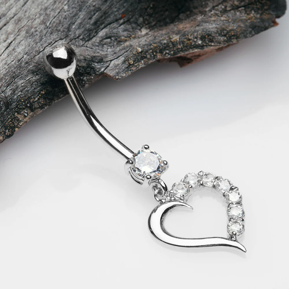 14 Karat White Gold Journey Sparkle Heart Dangle Belly Button Ring - Image 3
