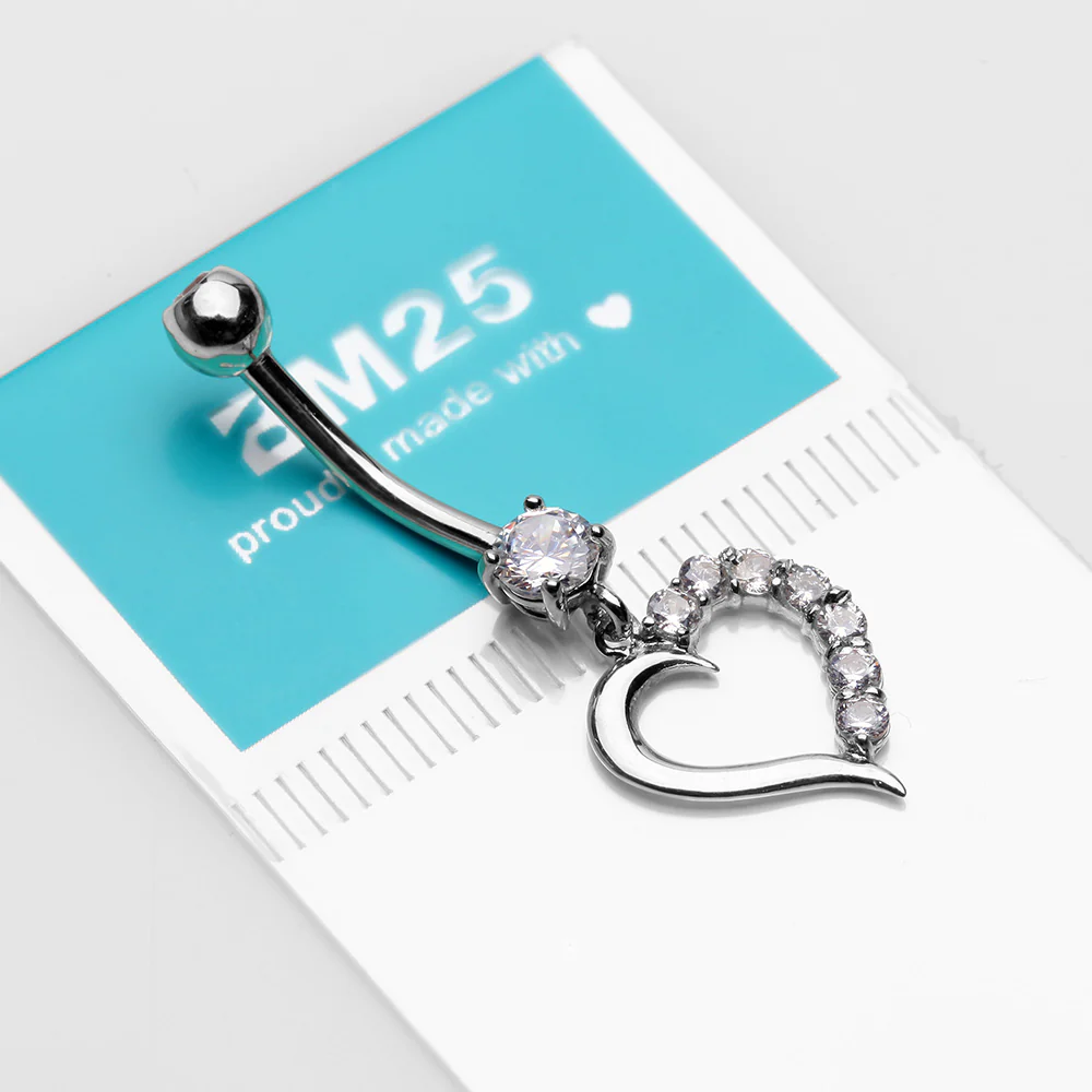 14 Karat White Gold Journey Sparkle Heart Dangle Belly Button Ring - Image 4