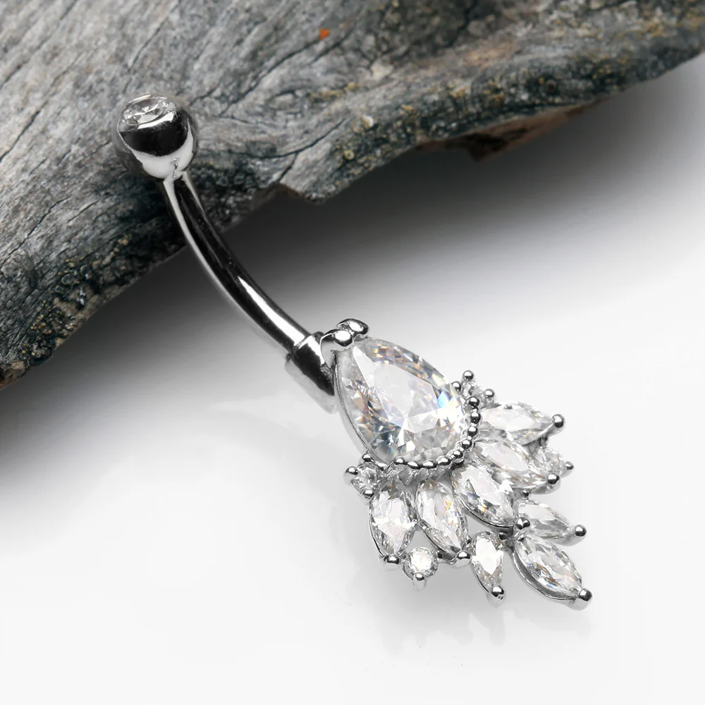 14 Karat White Gold Luscious Floral Sparkle Teardrop Belly Button Ring - Image 3