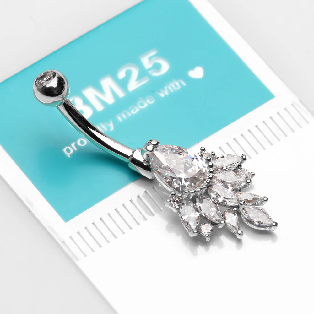 14 Karat White Gold Luscious Floral Sparkle Teardrop Belly Button Ring - Image 4