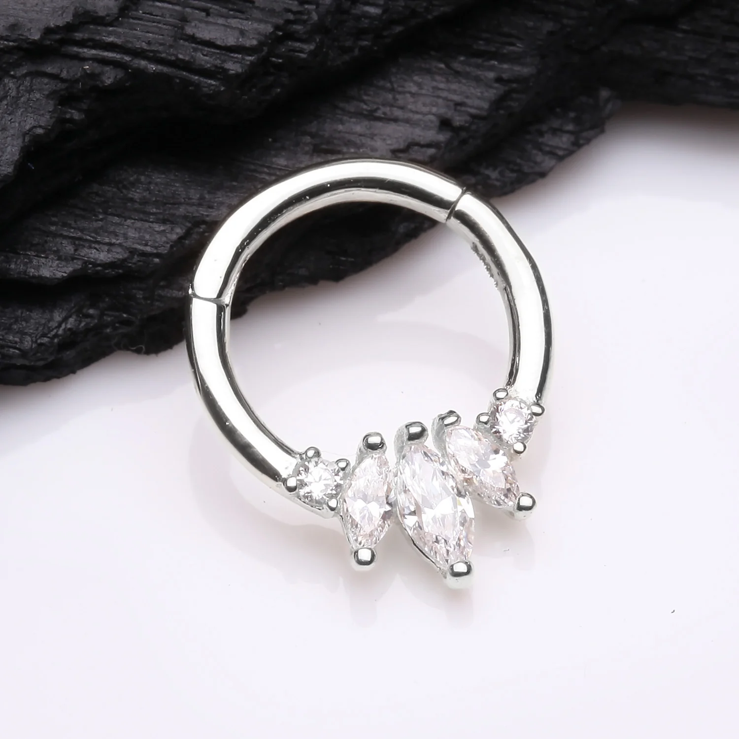14 Karat White Gold Marquise Floral Sparkle Clicker Hoop Ring - Image 2