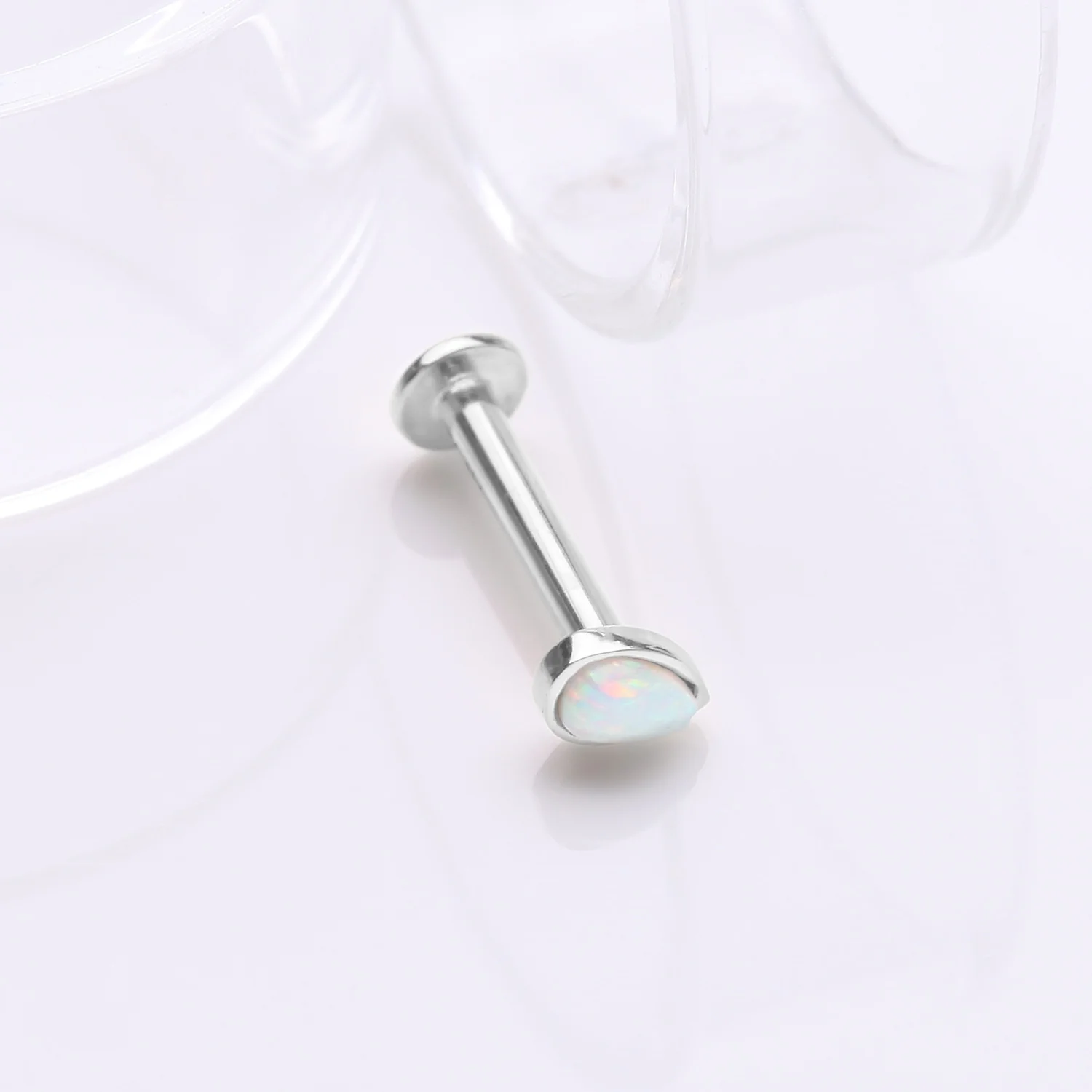 14 Karat White Gold OneFit Threadless Teardrop Fire Opal Sparkle Flat Back Stud Labret - Image 2