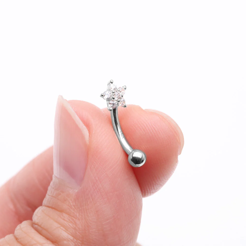 14 Karat White Gold Prong Set Brilliant Flower Gem Sparkle Curved Barbell - Image 3