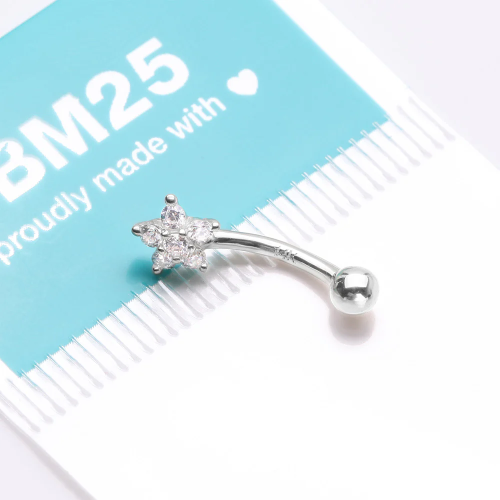 14 Karat White Gold Prong Set Brilliant Flower Gem Sparkle Curved Barbell - Image 4