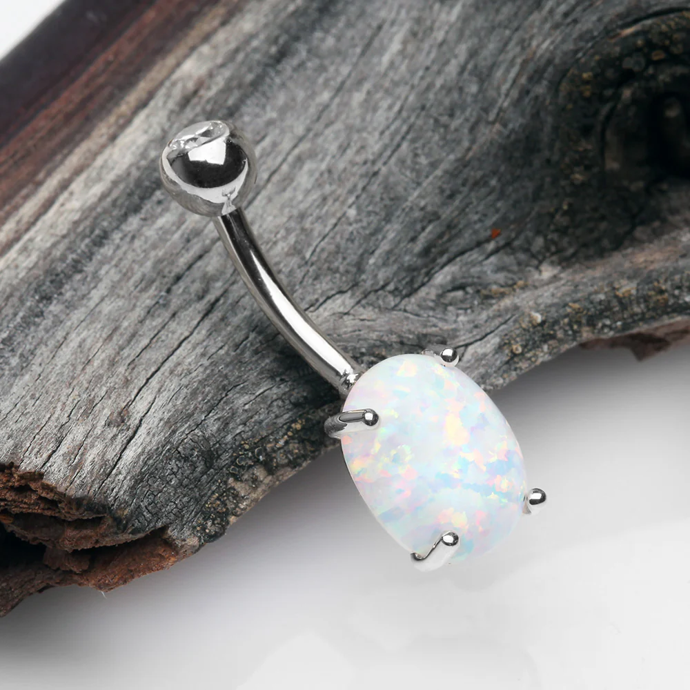 14 Karat White Gold Prong Set Fire Opal Sparkle Belly Button Ring - Image 3