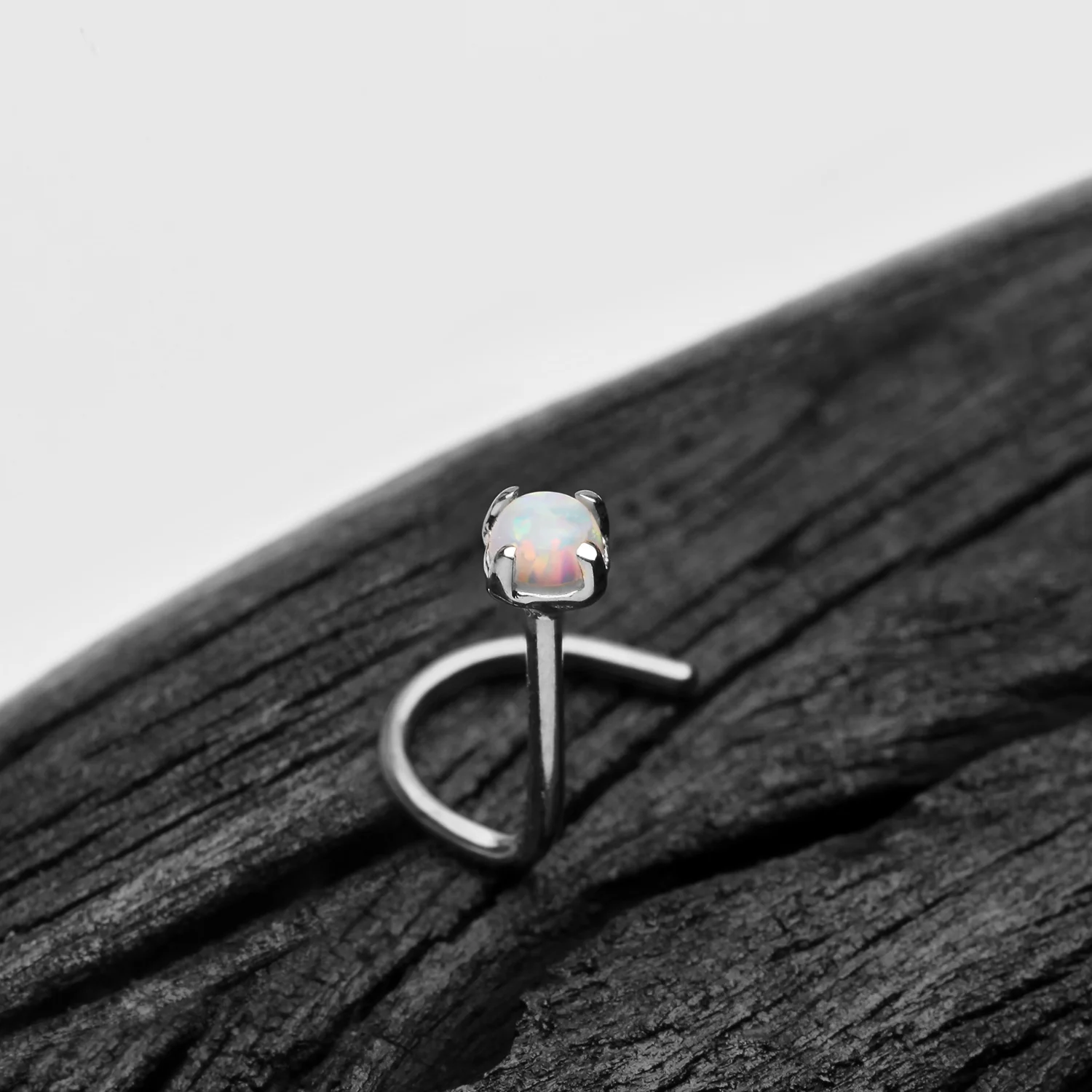 14 Karat White Gold Prong Set Fire Opal Top Nose Screw Ring - Image 2