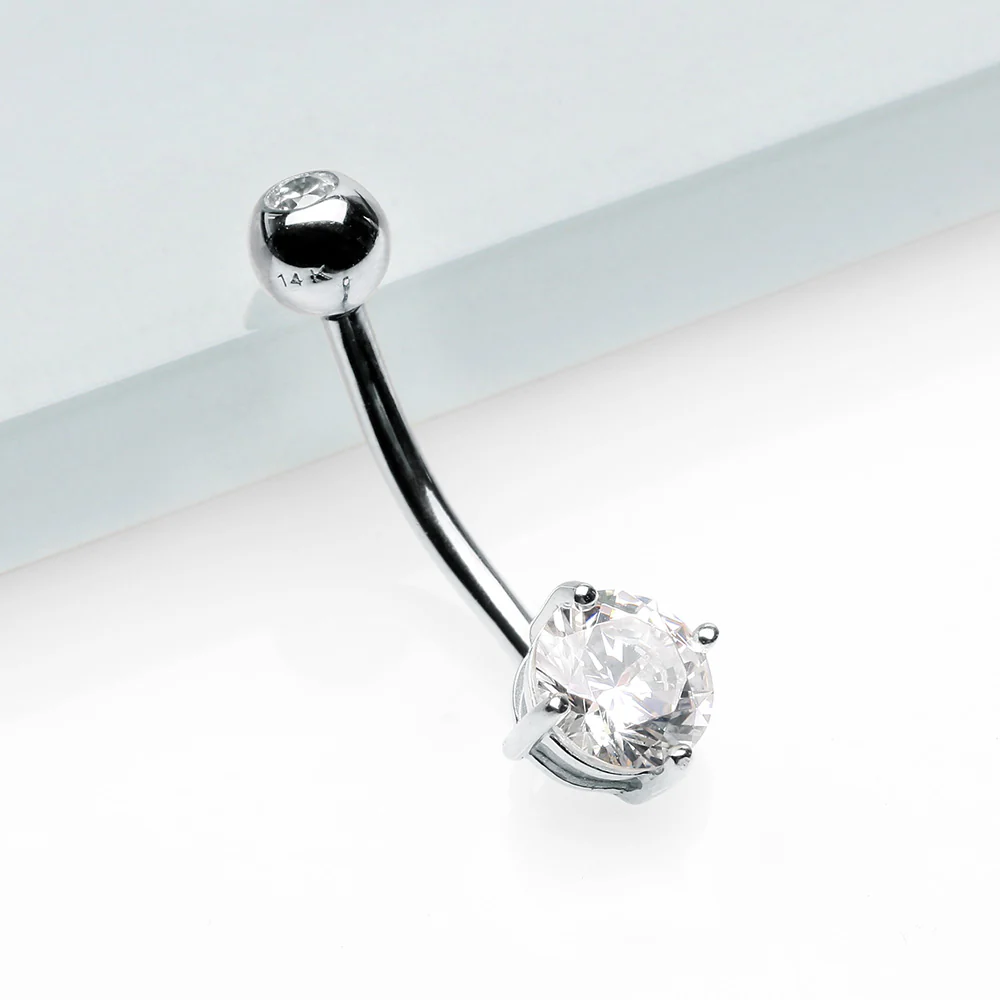 14 Karat White Gold Prong Set Gem Belly Button Ring - Image 3