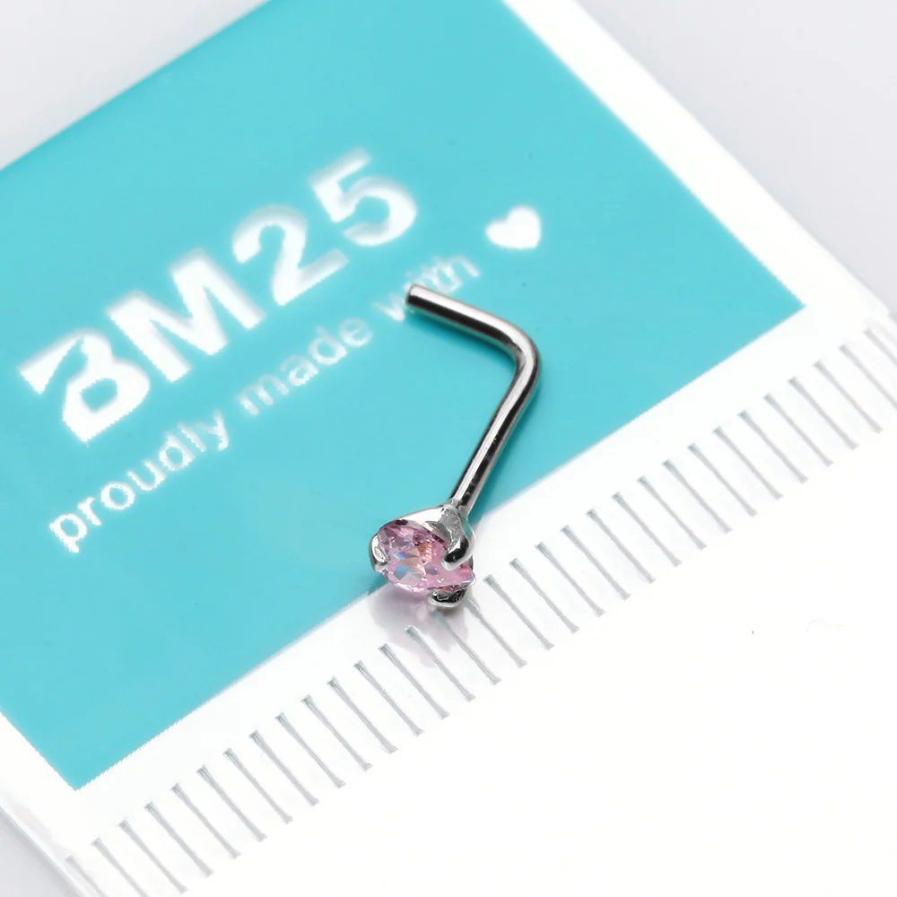 14 Karat White Gold Prong Set Heart Sparkle L-Shaped Nose Ring - Image 3
