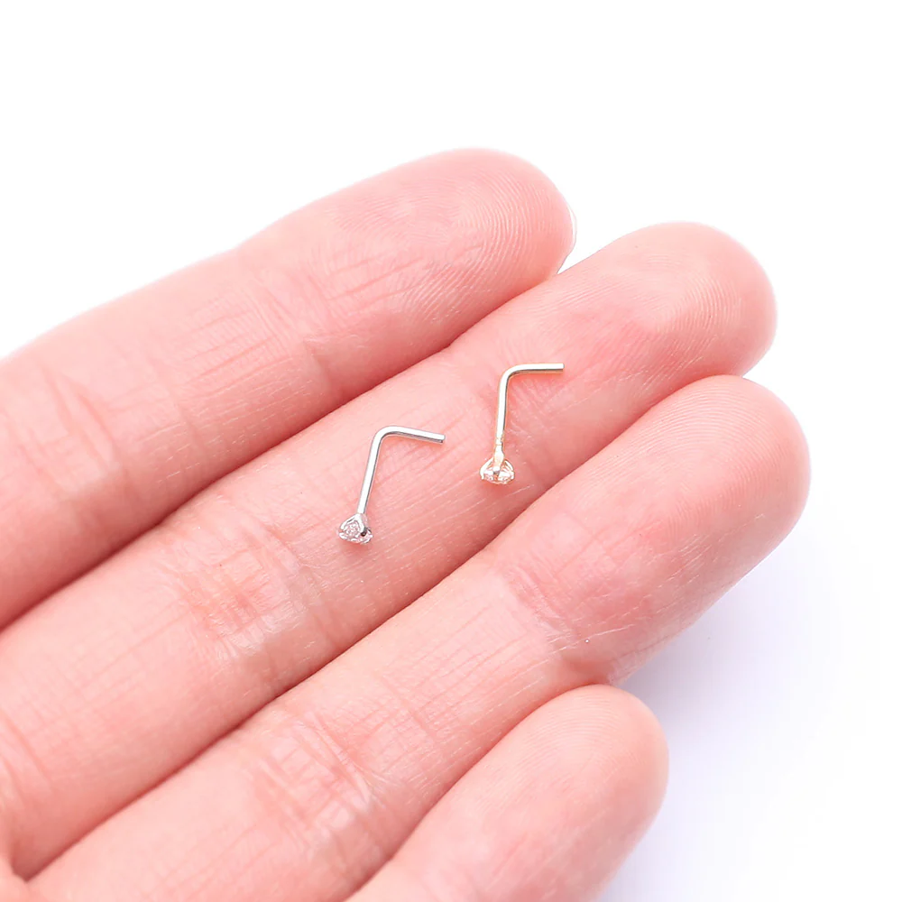 14 Karat White Gold Prong Set Princess Cut Gem Top L-Shaped Nose Ring - Image 4