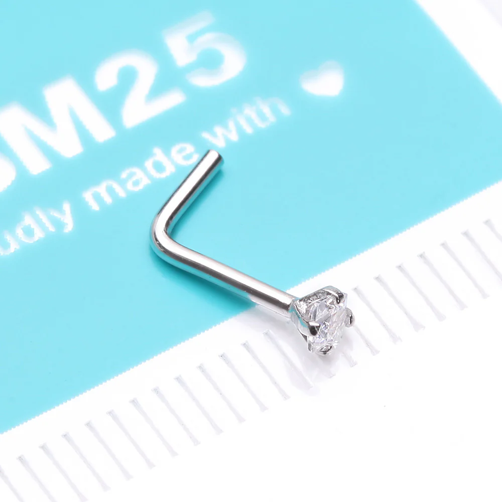 14 Karat White Gold Prong Set Princess Cut Gem Top L-Shaped Nose Ring - Image 5