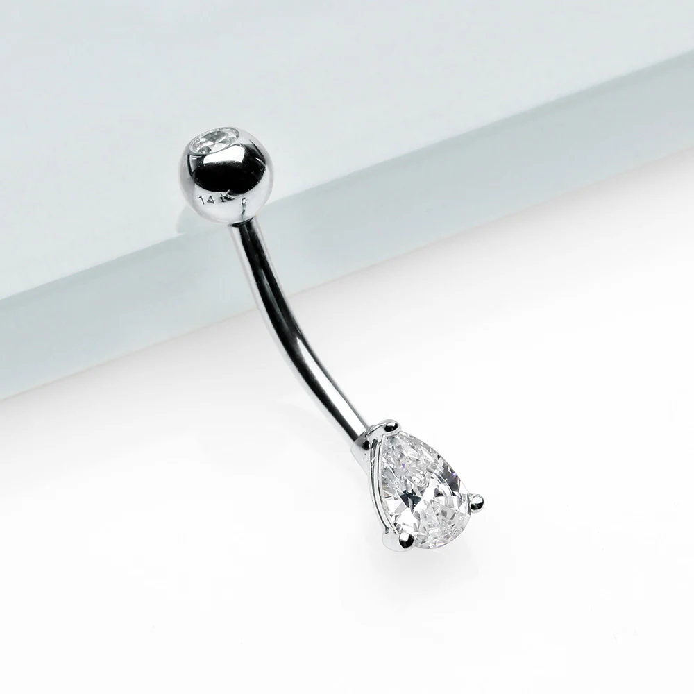 14 Karat White Gold Prong Set Teardrop Gem Belly Button Ring - Image 3