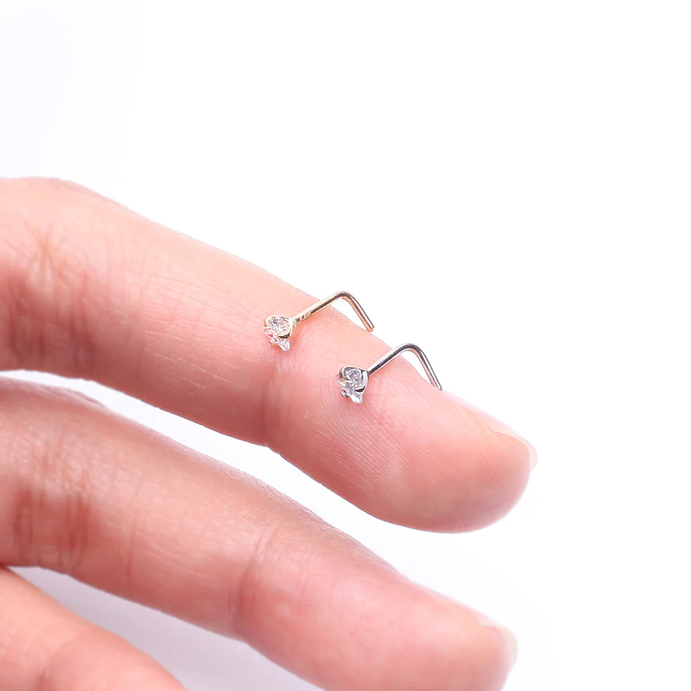 14 Karat White Gold Prong Set Triangle Gem Top L-Shaped Nose Ring - Image 4