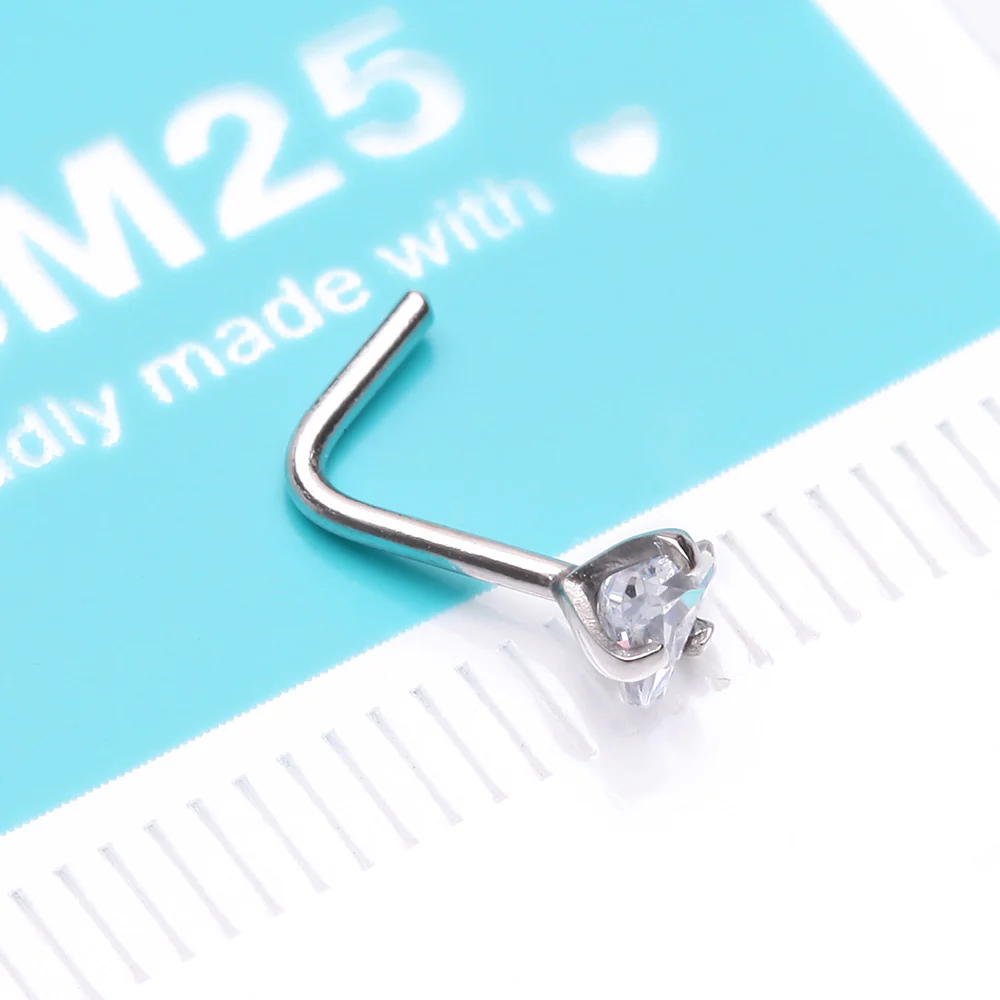 14 Karat White Gold Prong Set Triangle Gem Top L-Shaped Nose Ring - Image 5