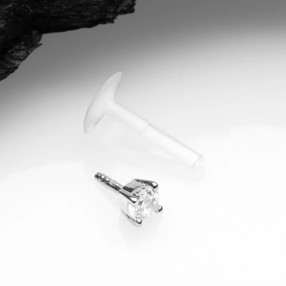 14 Karat White Gold Push-In Prong Set Round Gem Top Bio-Flex Labret - Image 3