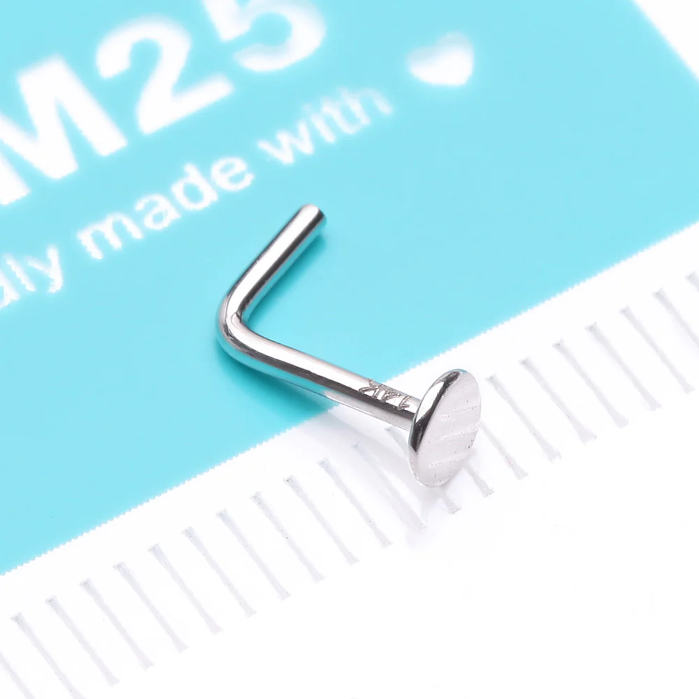 14 Karat White Gold Round Disc Top L-Shaped Nose Ring - Image 5
