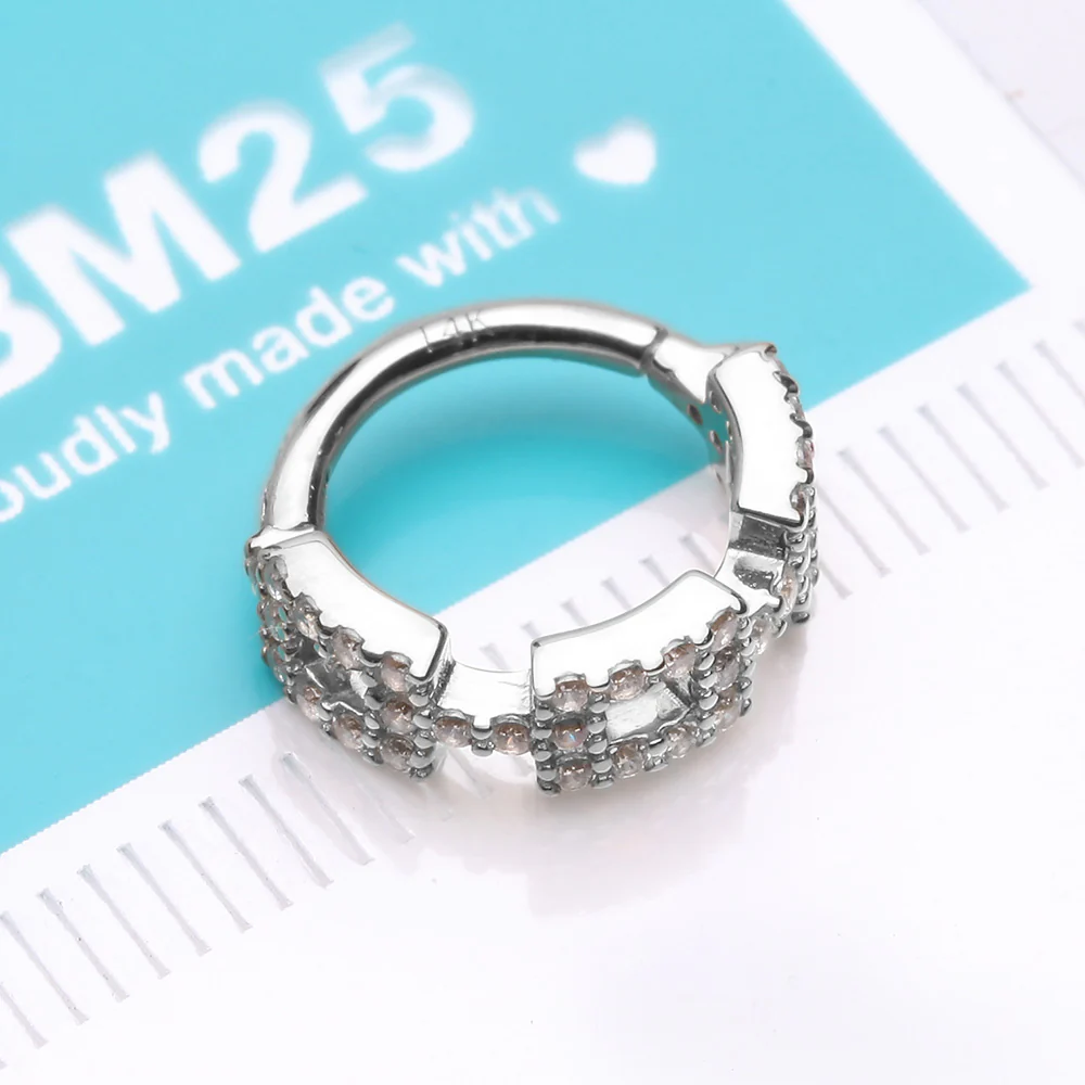 14 Karat White Gold Square Chain Link Sparkle Design Seamless Clicker Hoop Ring - Image 3