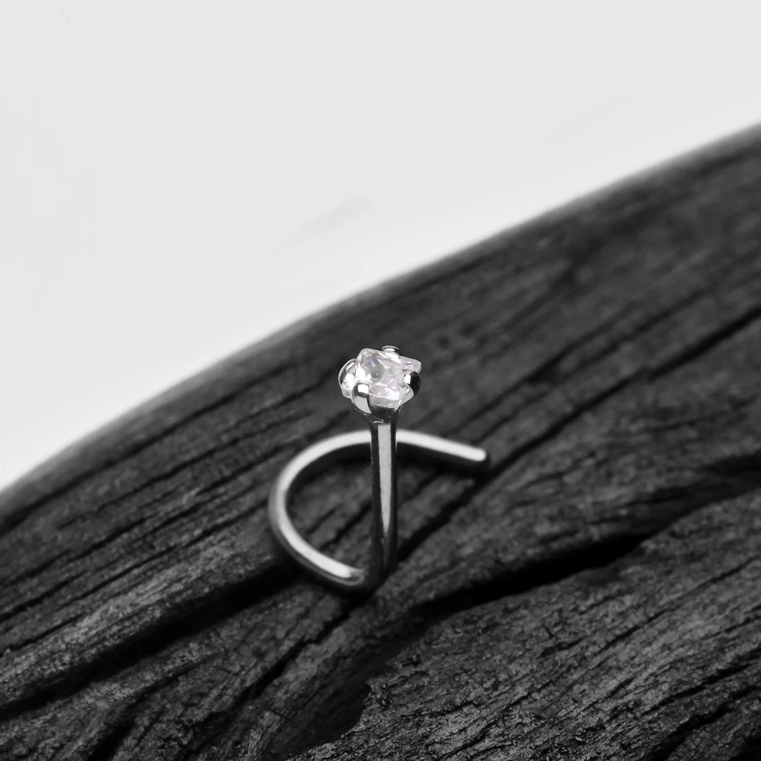 14 Karat White Gold Square Prong Set Gem Sparkle Nose Screw Ring