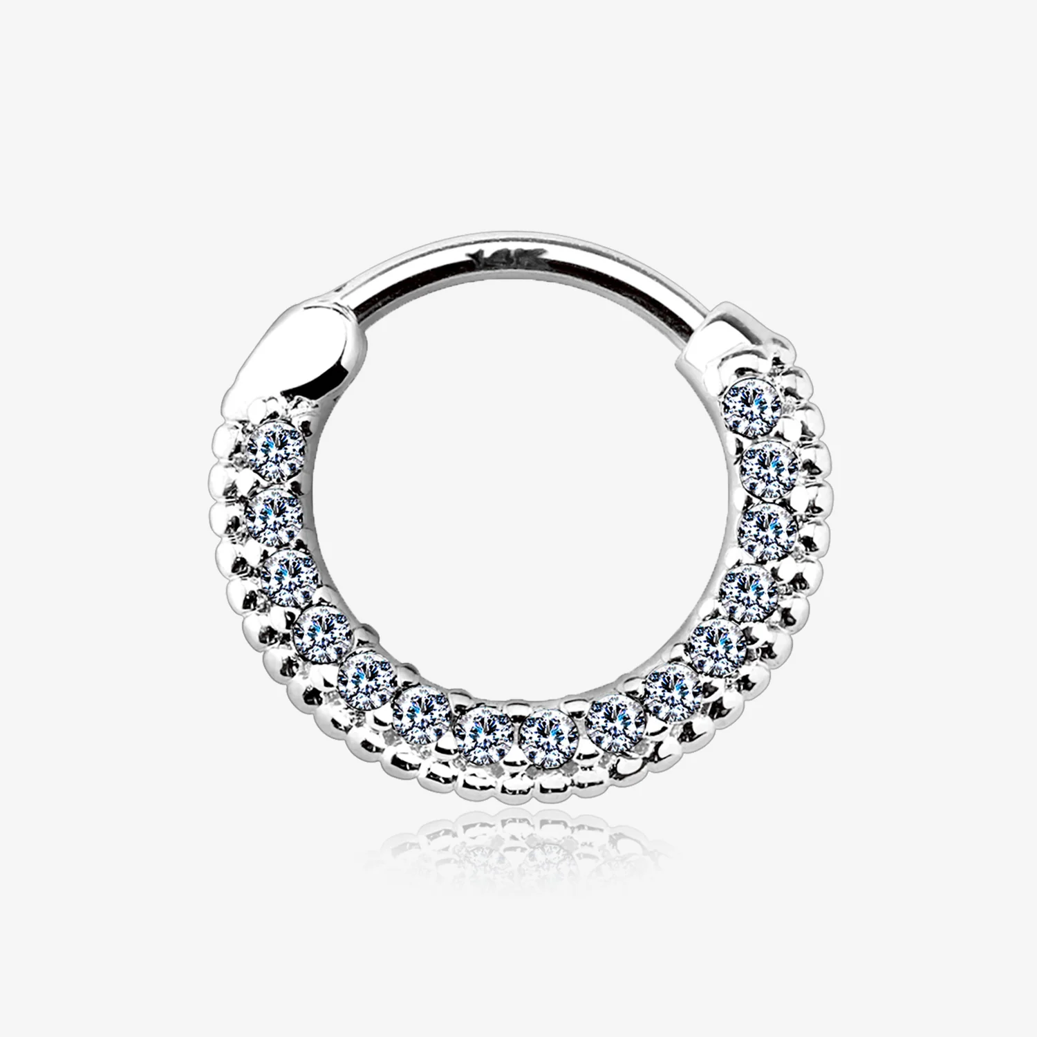 14 Karat White Gold Studded Sparkle Gems Paved Clicker Hoop Ring