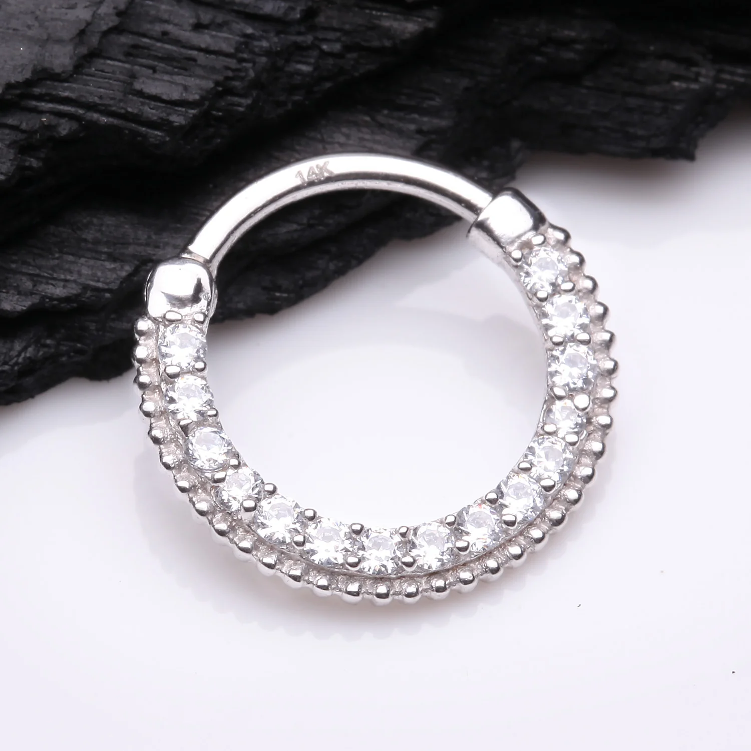 14 Karat White Gold Studded Sparkle Gems Paved Clicker Hoop Ring - Image 2