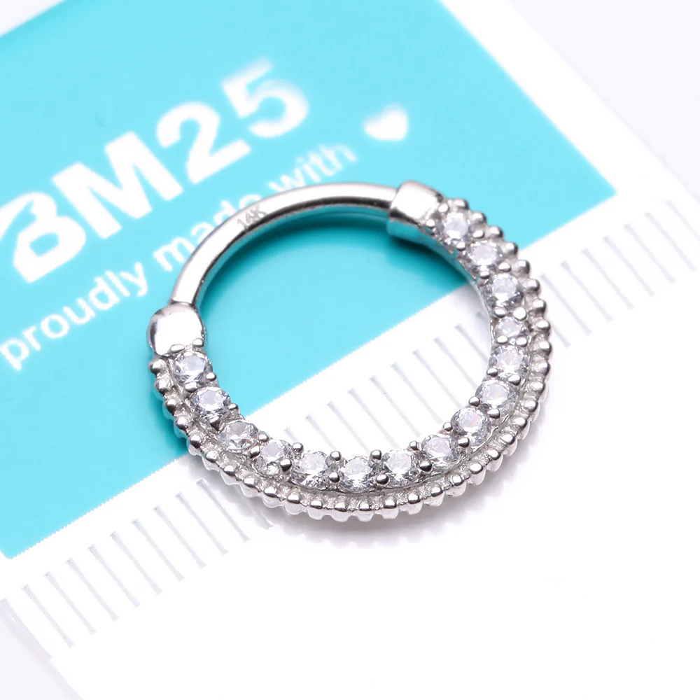14 Karat White Gold Studded Sparkle Gems Paved Clicker Hoop Ring - Image 3