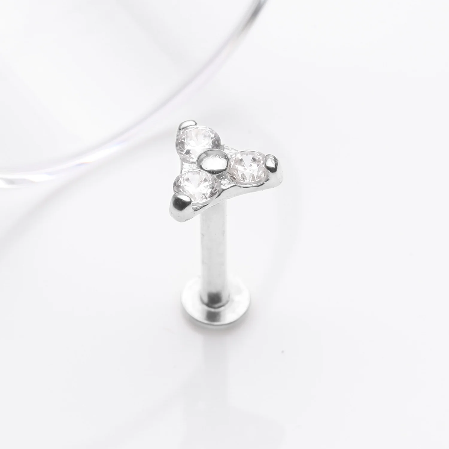 14 Karat White Gold OneFit Threadless Trinity Sparkle Flat Back Stud Labret - Image 2