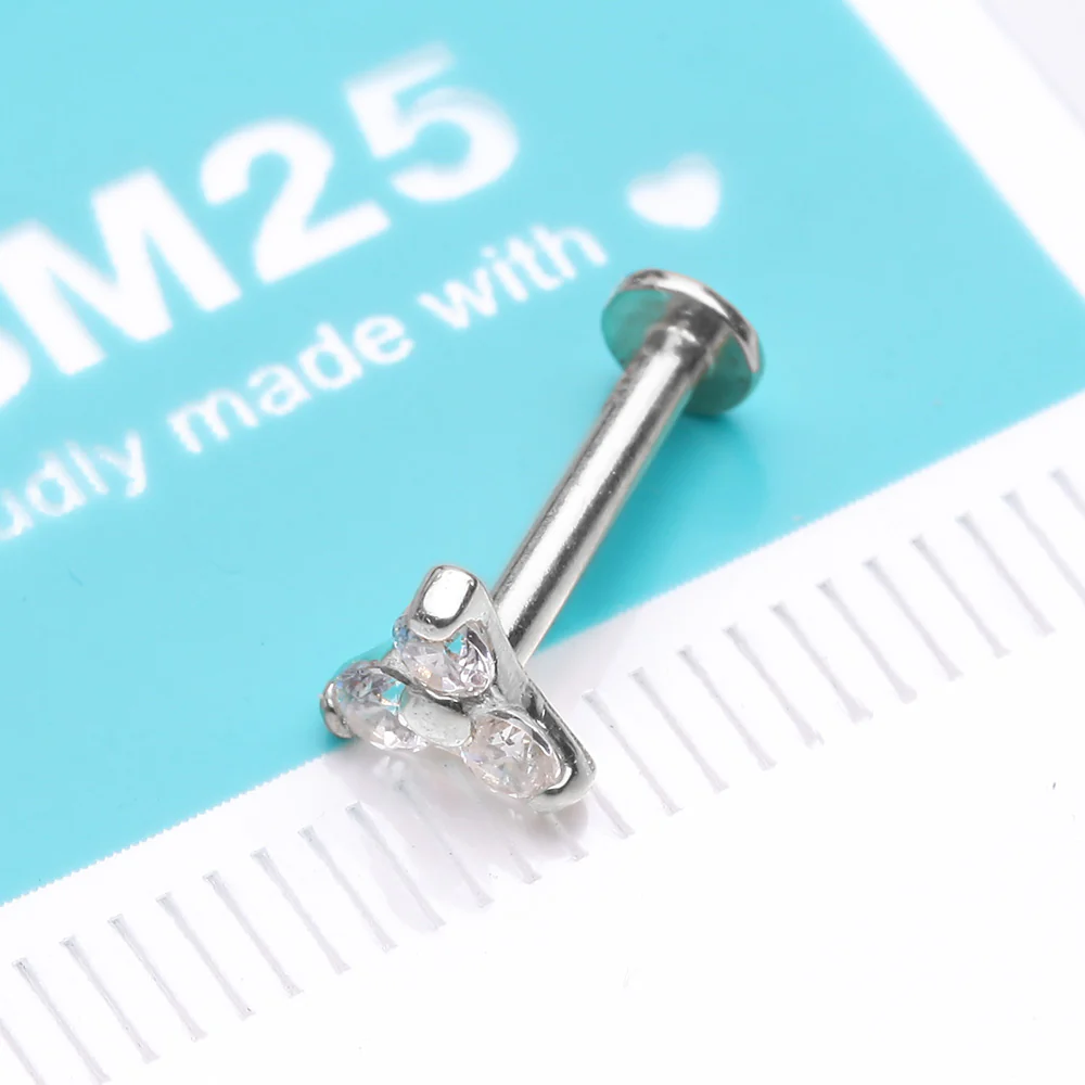 14 Karat White Gold OneFit Threadless Trinity Sparkle Flat Back Stud Labret - Image 3