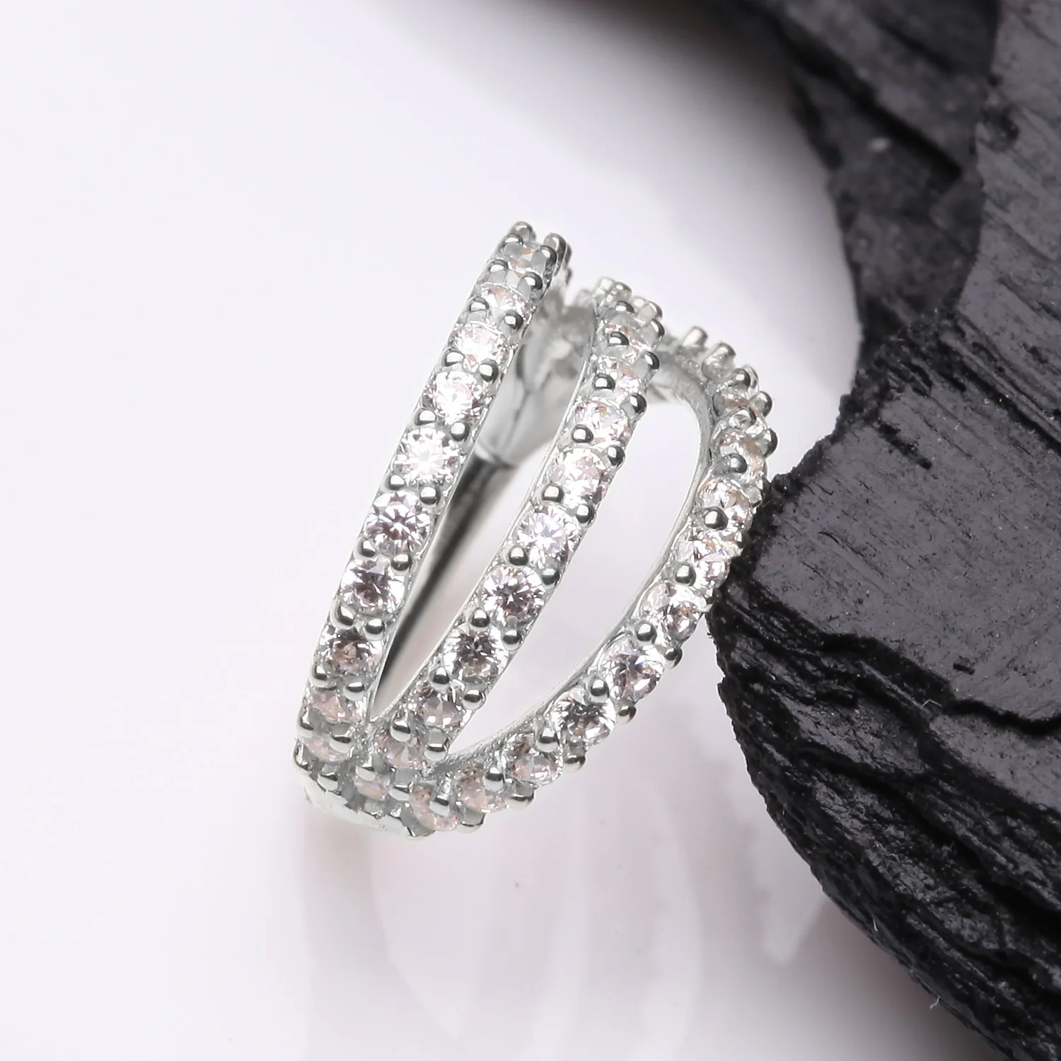14 Karat White Gold Triple Hoop Sparkle Rows Seamless Clicker Hoop Ring - Image 2