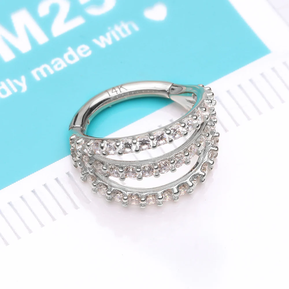 14 Karat White Gold Triple Hoop Sparkle Rows Seamless Clicker Hoop Ring - Image 3