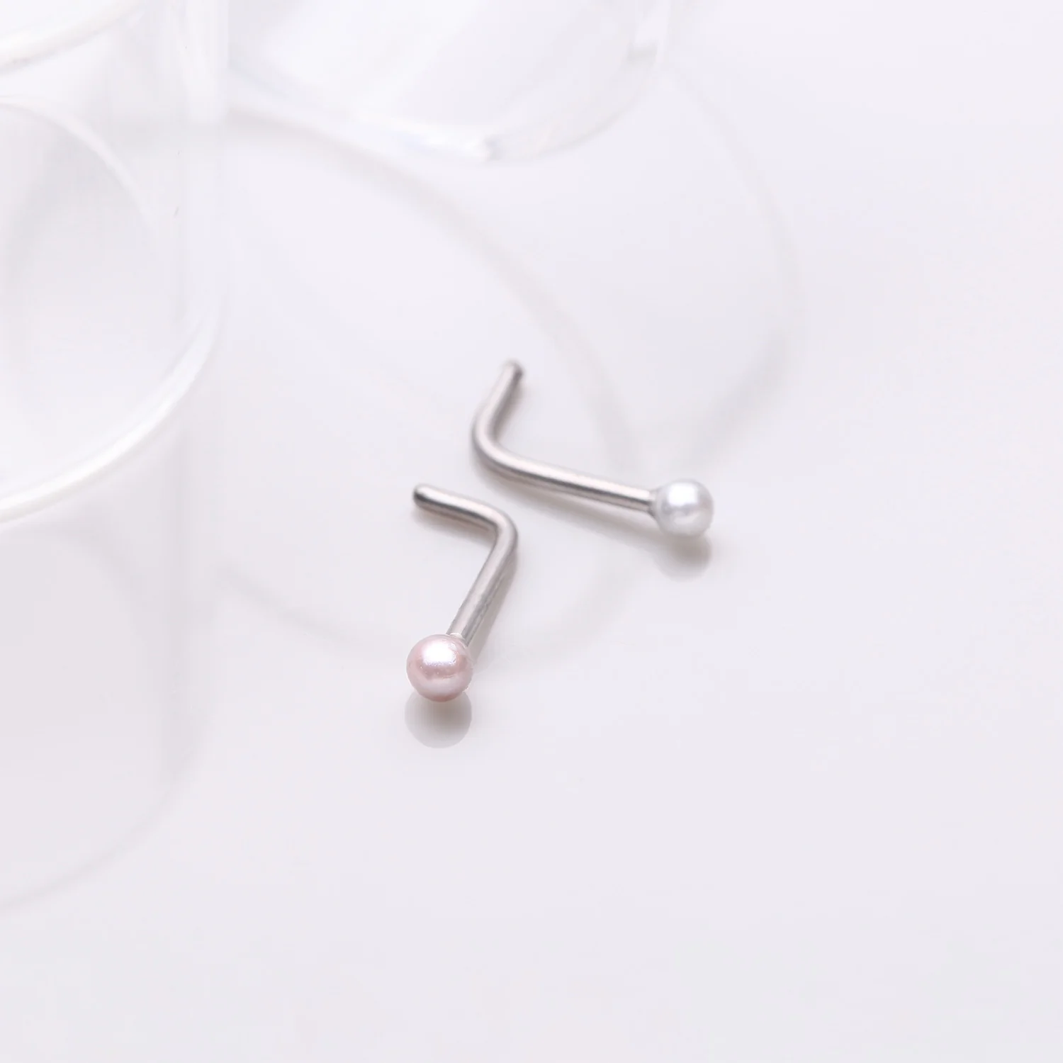 2 Pcs of Assorted Color Pearlescent Luster Ball L-Shaped Nose Ring Package - Image 2