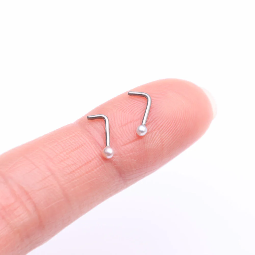 2 Pcs of Assorted Color Pearlescent Luster Ball L-Shaped Nose Ring Package - Image 3