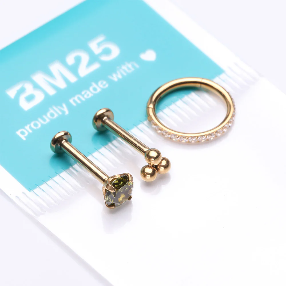 3 Pcs of Assorted Everyday Dainty Peridot CZ Pure24K Titanium Stud x Clicker Package - Image 3