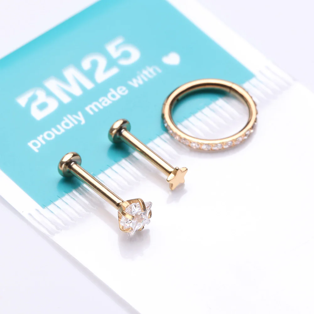 3 Pcs of Assorted Everyday Dainty Stars Pure24K Titanium Stud x Clicker Package - Image 3