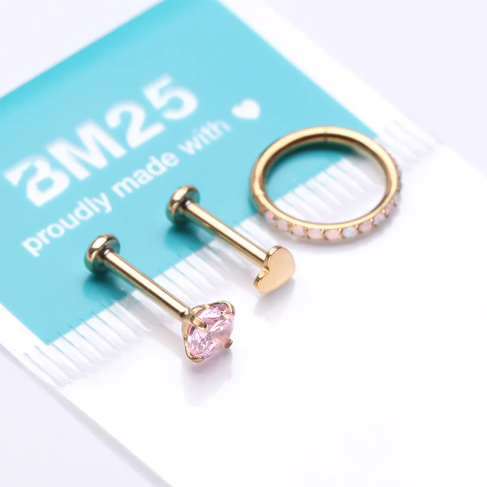 3 Pcs of Assorted Everyday Pink Rose x Heart Pure24K Titanium Stud x Clicker Package - Image 3