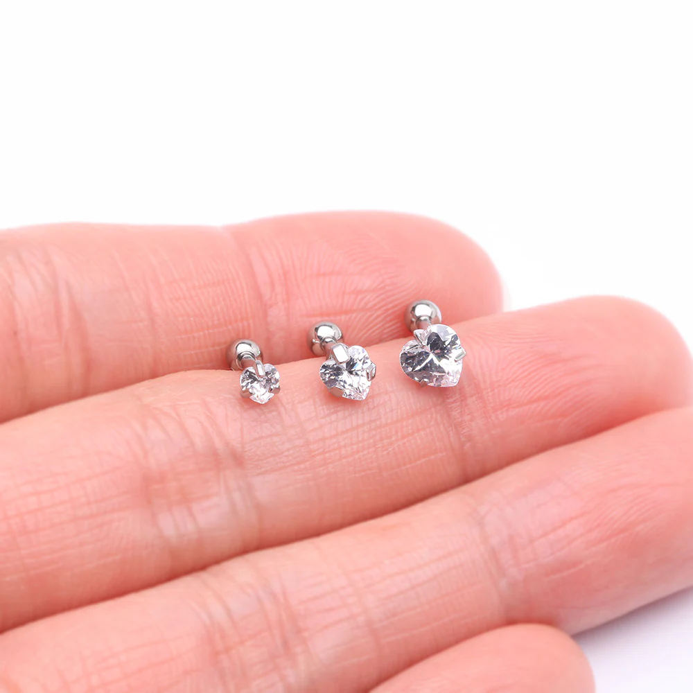 3 Pcs of Assorted Size Heart Sparkle Gems Cartilage Tragus Barbell Earring Package - Image 3