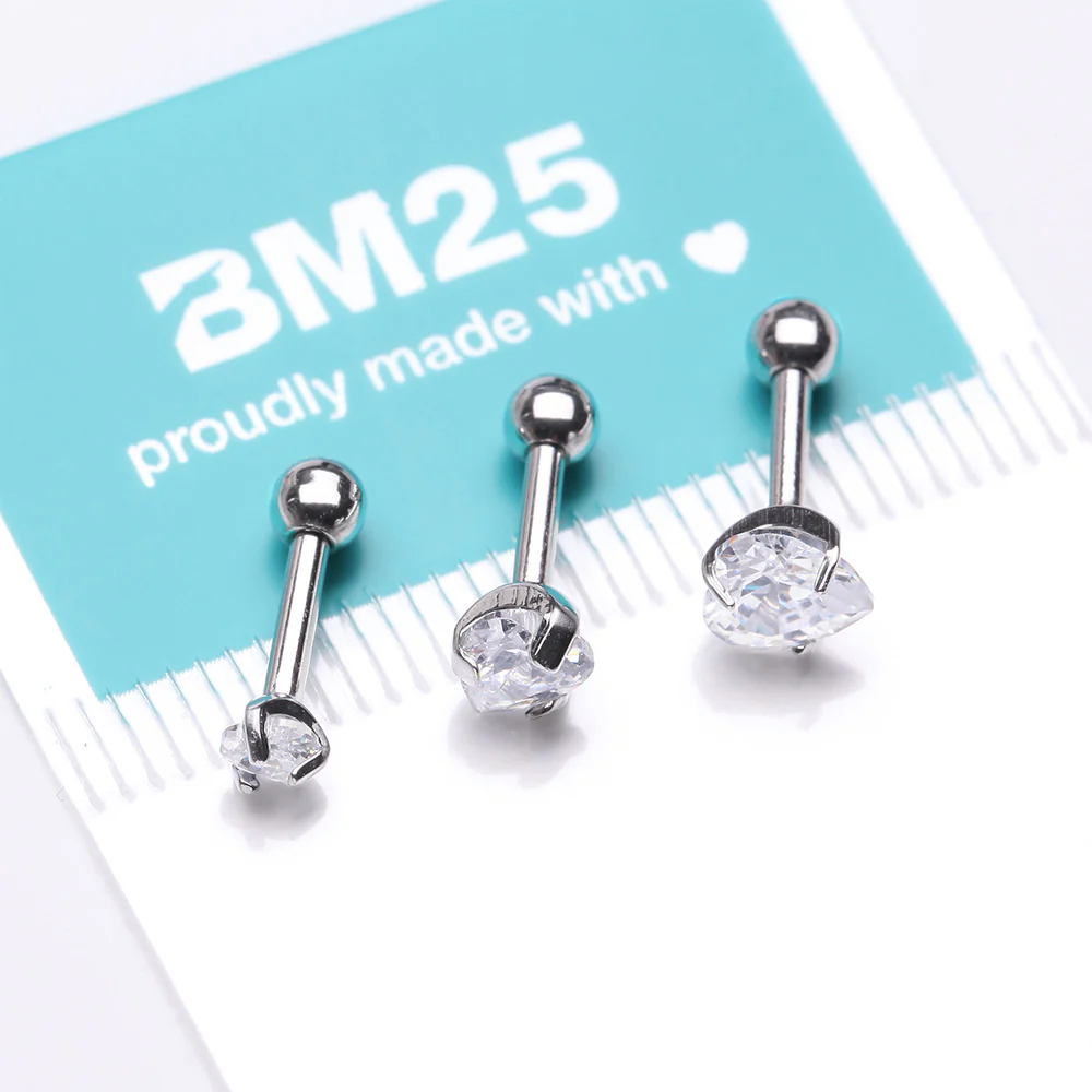 3 Pcs of Assorted Size Heart Sparkle Gems Cartilage Tragus Barbell Earring Package - Image 4
