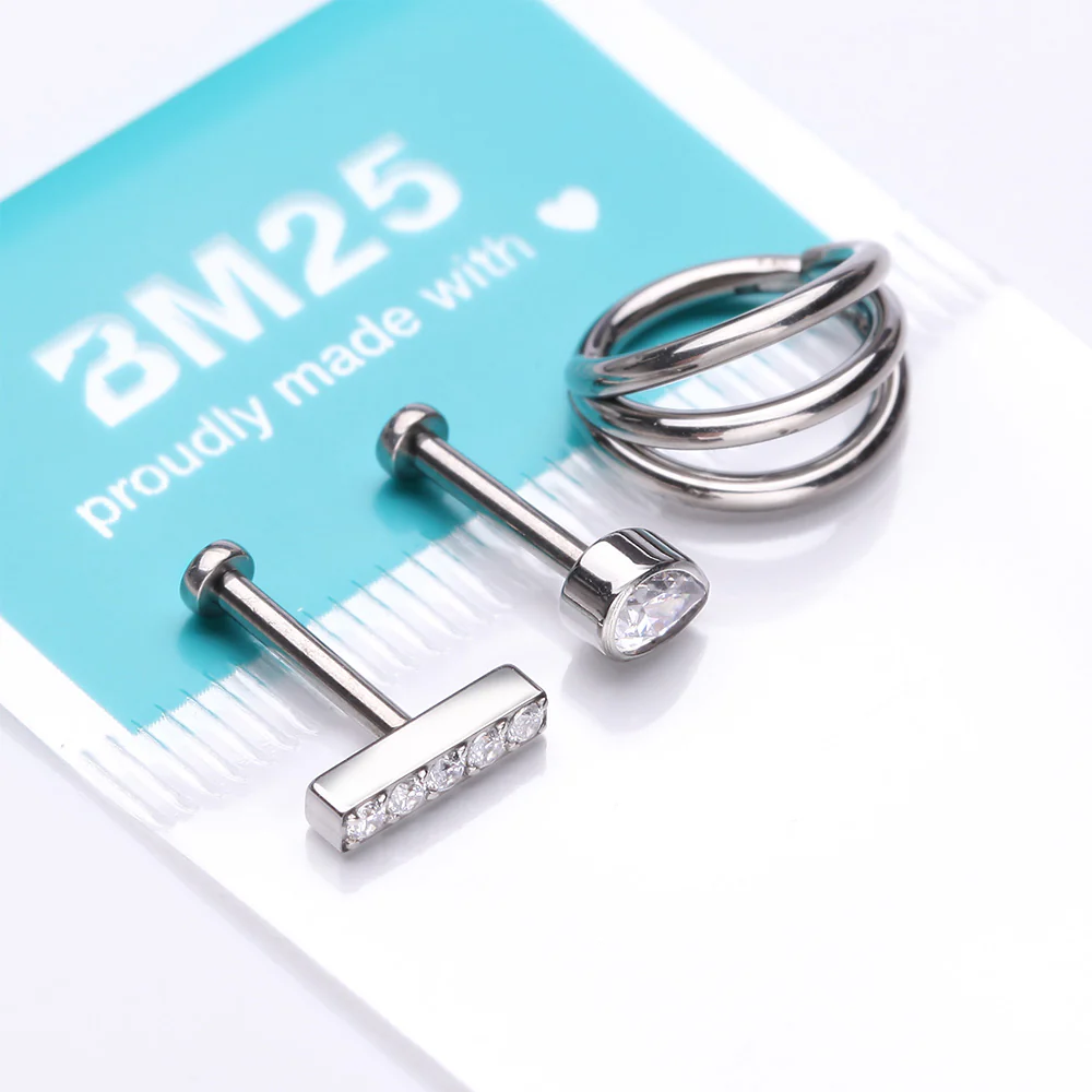 3 Pcs of Assorted Everyday Titanium Gem Lined Rectangle Stud x Triple Row Hoops Package - Image 3