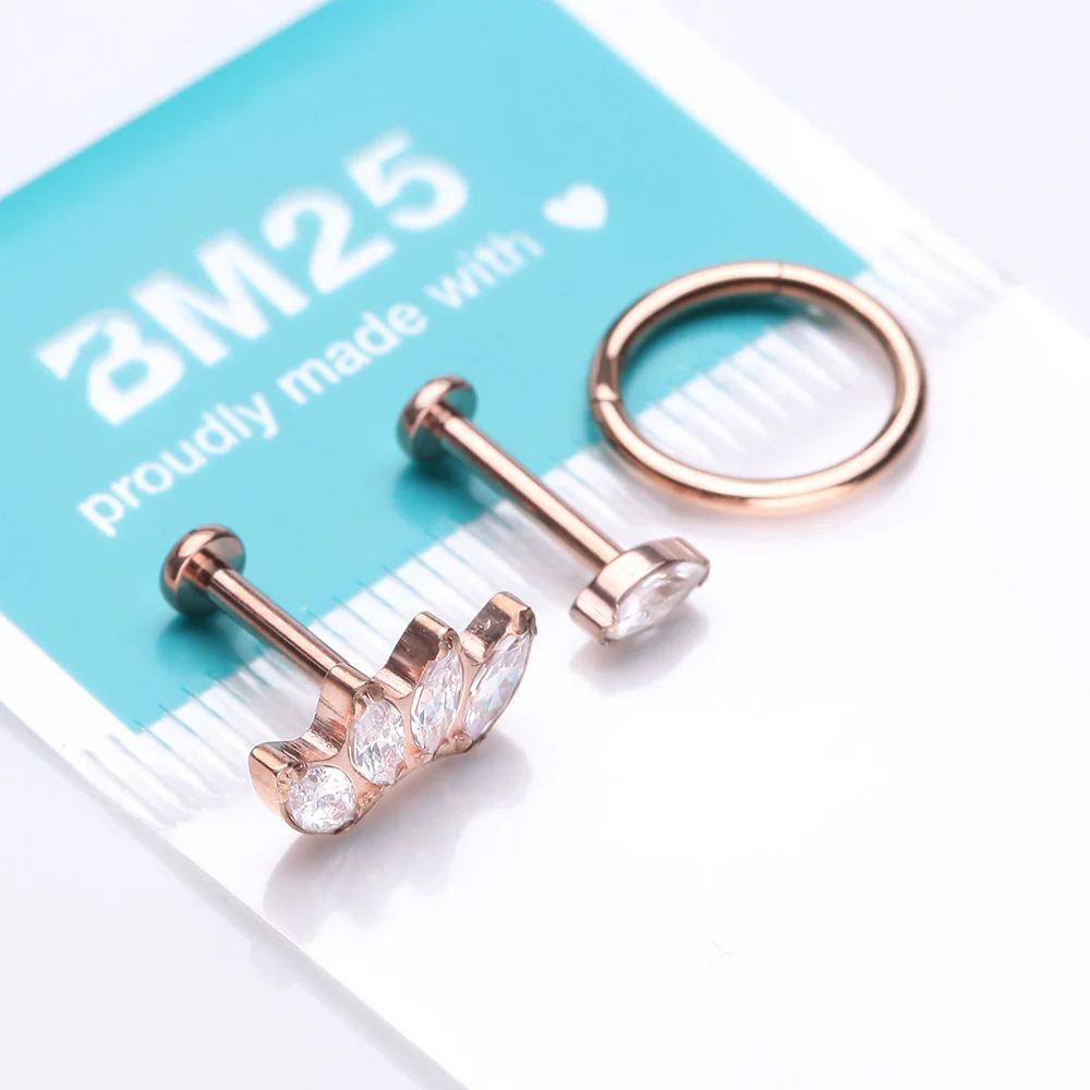 3 Pcs of Assorted Titanium Rose Gold Brilliant Marquise Stud x Clicker Package - Image 3