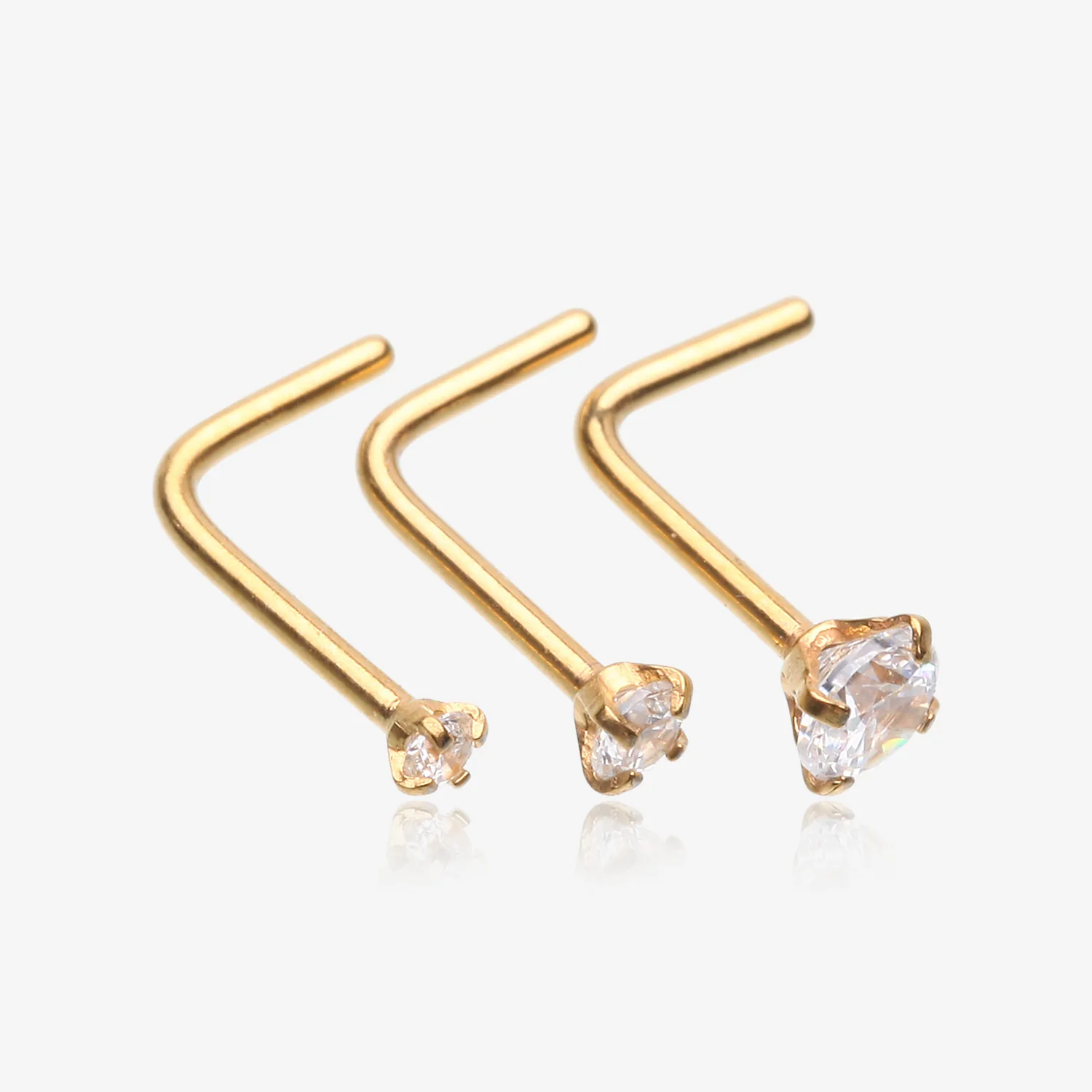 3 Pcs of Assorted Golden Prong Set Sparkle Gem L-Shaped Nose Ring Package