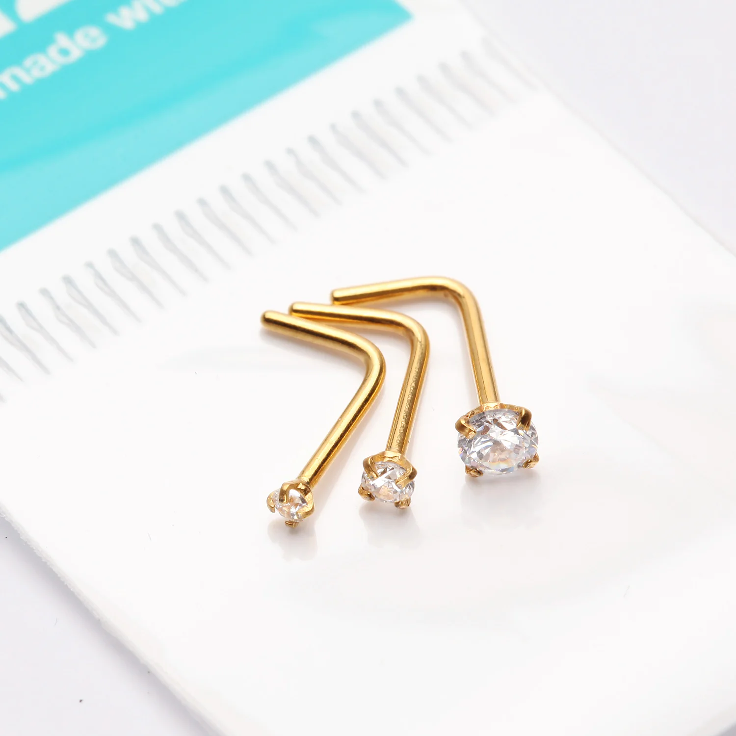 3 Pcs of Assorted Golden Prong Set Sparkle Gem L-Shaped Nose Ring Package - Image 2