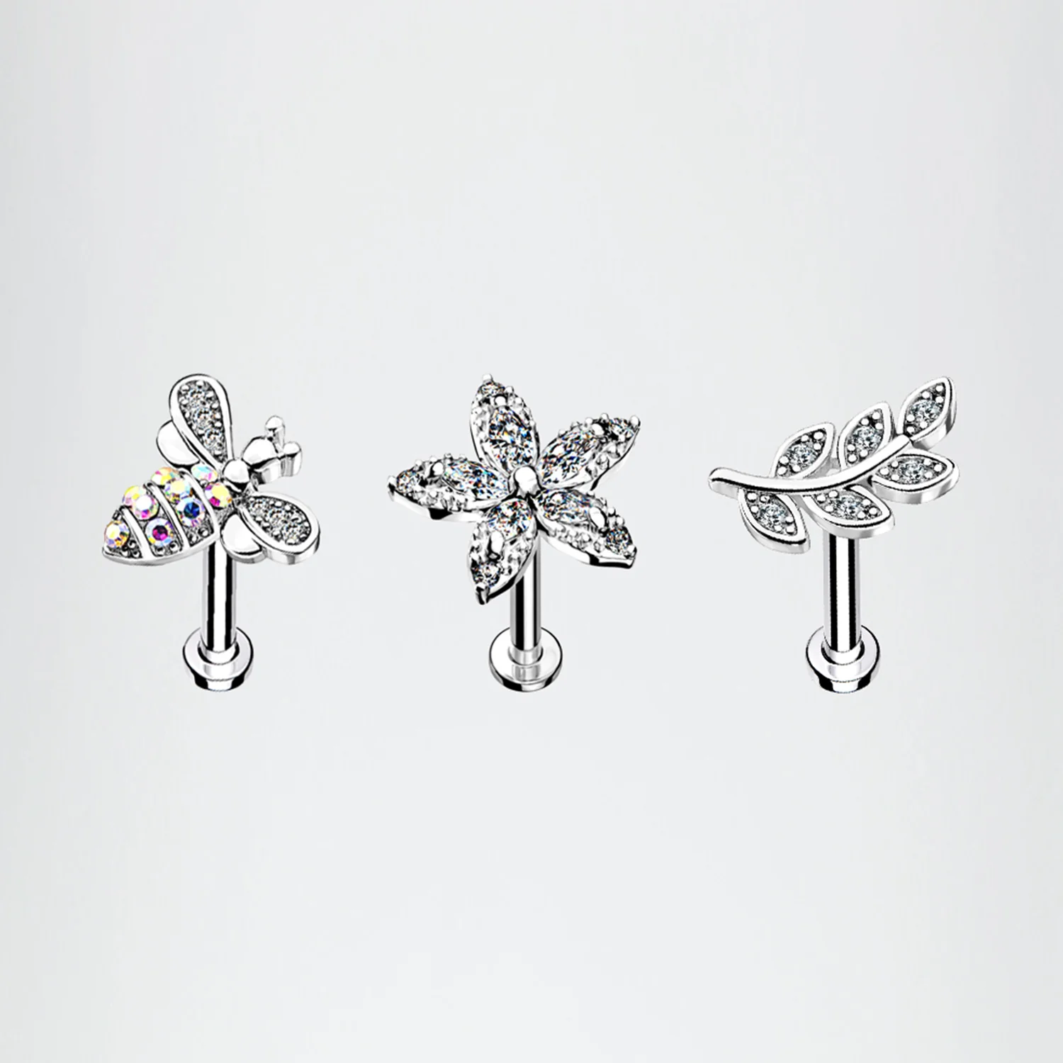 3 Pcs of Assorted Honey Bee Flower Leaf Internally Threaded Labret Package