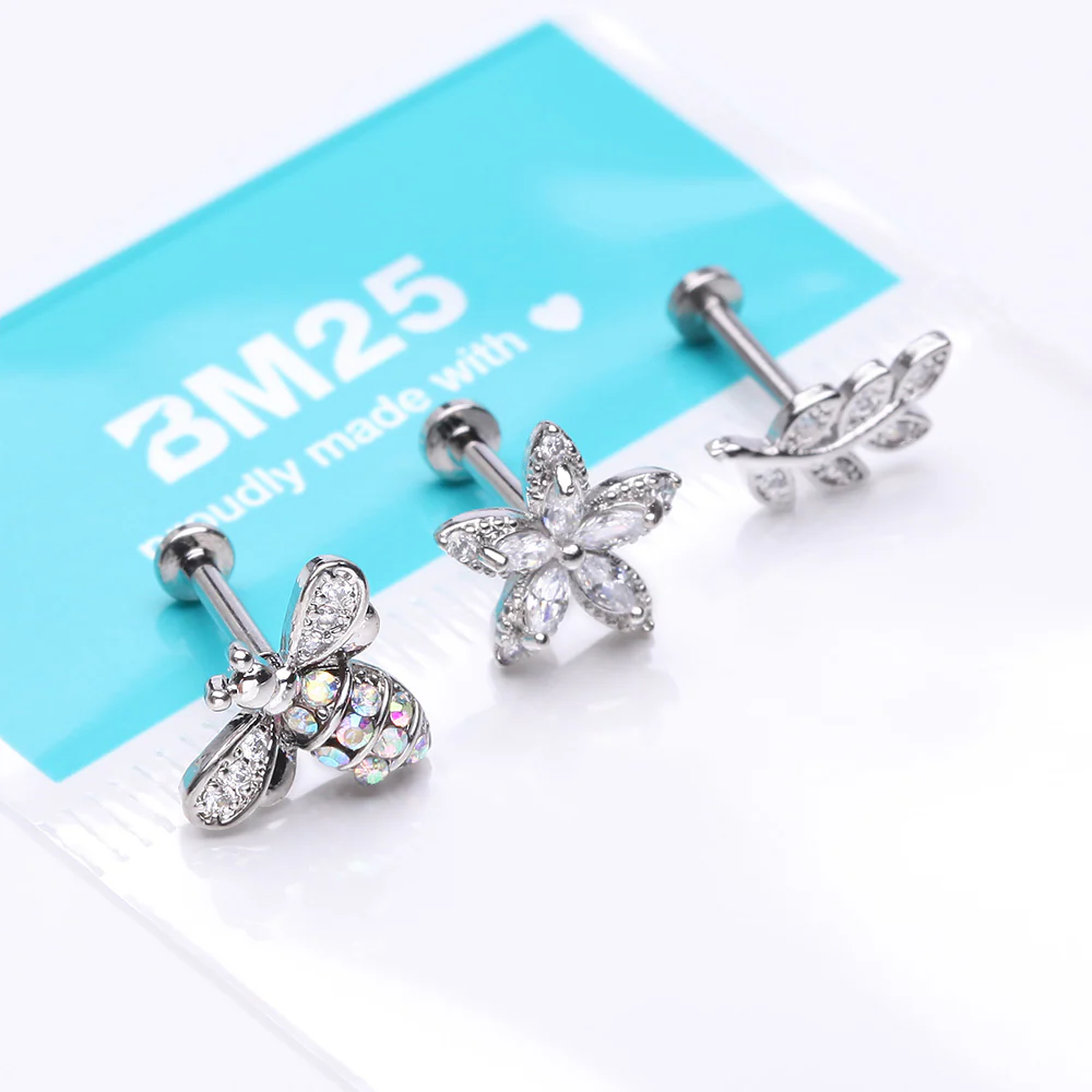 3 Pcs of Assorted Honey Bee Flower Leaf Internally Threaded Labret Package - Image 3